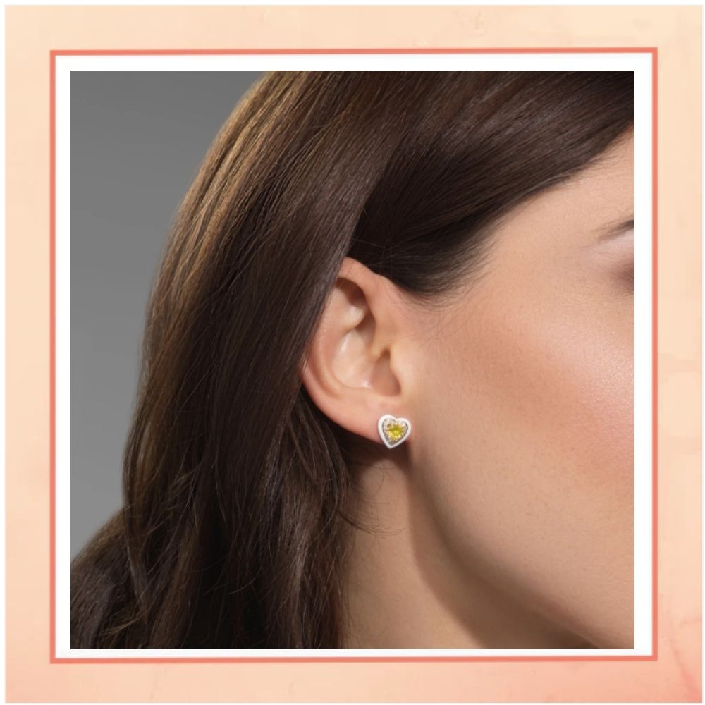 White Enamel Hear Earrings with Yellow Stone