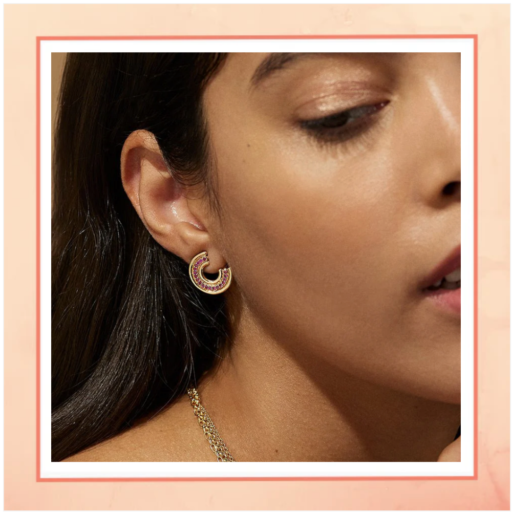 Small Half Bali Earrings with Pink Stones